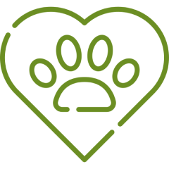 Green paw print inside heart outline.